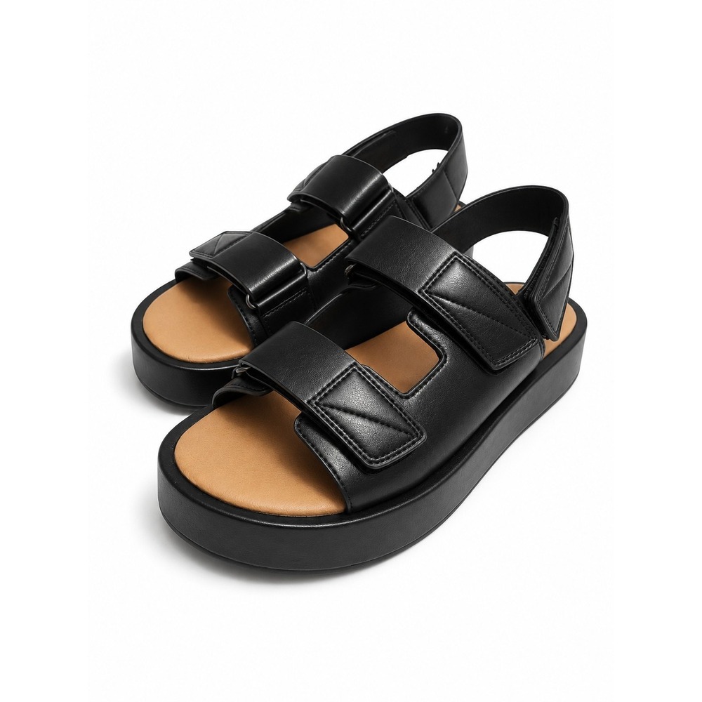 NIB Triple Strap Black Platform Sandals Adj. Straps Women Size 5 Comfort Casual